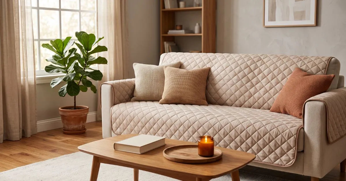 Sala de estar aconchegante com sofá bege capado, almofadas decorativas e tapete em tons neutros