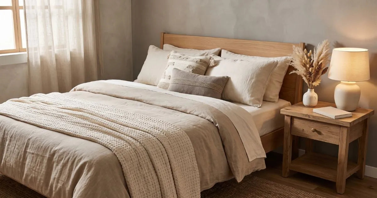 Cama de casal arrumada com jogo de cama bege e travesseiros fofos em quarto aconchegante