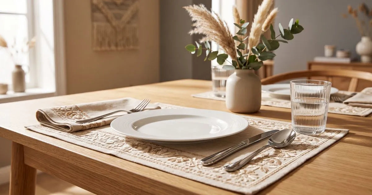 Mesa posta elegante com jogo americano bordado bege, prato de porcelana branca e talheres em ambiente aconchegante
