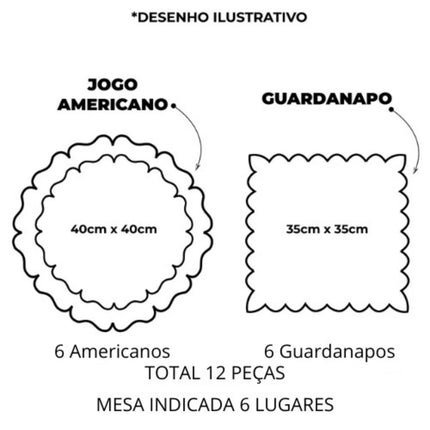 Kit Mesa Posta 6 Lugares 12 Peças Poá Bordado